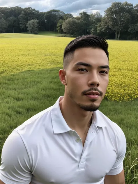 Tony Labrusca, Young man in a white polo shirt Standing on the edge of the meadow with an expression on his face, looking into the distance Turn your head slightly.，Cloudy day, coffee shop