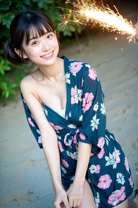 girl sqatting and holding 1 stick with sparkler in beach,yukata,18-year-old,bangs,a little smile,thighs,knees,short hair with low pigtails bunches,from below,front light