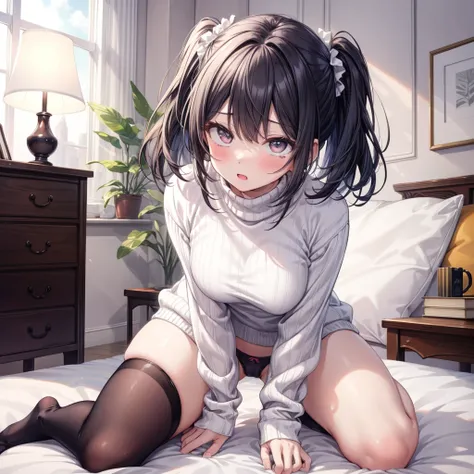 ((Highest quality)), ((masterpiece)), (detailed), a cute girl in white sweater  panties and socks on a bed, underwear, kneeling, 1girl, 独奏, male underwear, black hair