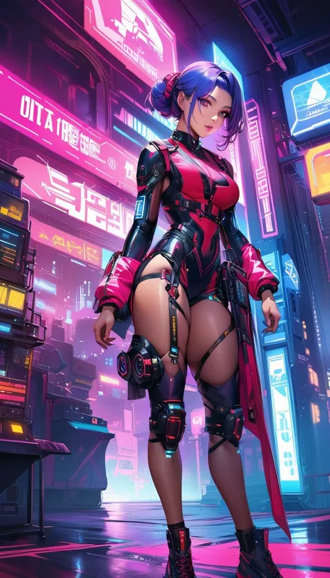 a cyberpunk-inspired woman, porcelain skin, pawg, intricate cyberpunk outfit with bold colors and patterns, eye-catching accessories, trendy and innovative hairstyle, highres, 4k, ultra-detailed, photorealistic, hyper detailed, gorgeous, flawless skin, dra...