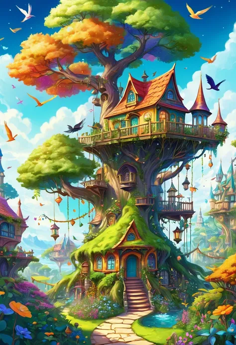 illustration：A fantasy tree house，There is a flying bird in the middle, magic Fantasy Very Detailed, Whimsical fantasy landscape art, Whimsical and psychedelic, Detailed fantasy illustration, 全彩illustration, Britney Lee, 一幅美丽的艺术illustration, Wizarding Worl...