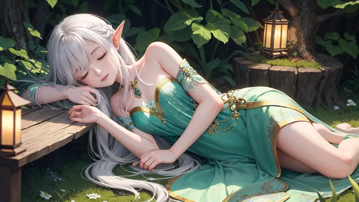 Under the protective cover of a majestic old oak tree, a young elf girl sleeps peacefully. Her silver hair spreads like a sparkling stream across the carpet of green moss, framing her delicate face. She is dressed in a light silk dress, emerald green in co...