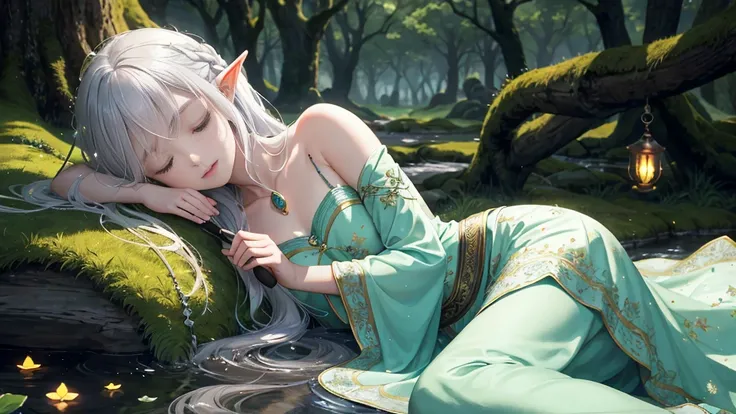 Under the protective cover of a majestic old oak tree, a young elf girl sleeps peacefully. Her silver hair spreads like a sparkling stream across the carpet of green moss, framing her delicate face. She is dressed in a light silk dress, emerald green in co...