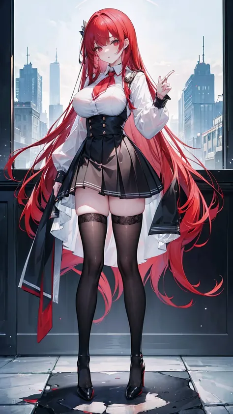 (masterpiece, top quality, best quality, official art, beautiful and aesthetic:1.0), (8k, best quality, masterpiece:1.2), very long hair,(full body:1.3), (large breasts:1.4), very long hair, high heels, black thighhighs, micro skirt, red hair, tall girl, s...