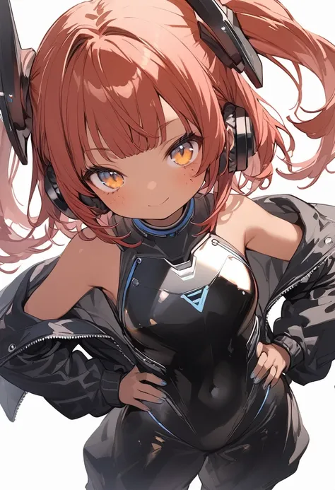 full body,1 girl,(cute:1.3),red Hair, left eye blue, right eye yellow, tan skin, freckles,｛White breastplate, Black futuristic headphones, Mechanical black glossy metallic Bodysuit, Bare shoulders, oversized jacket, Glossy, shiny material, hand on hip pose...