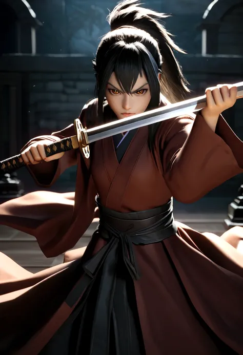 Jubei Kibagami, Ninja Scroll movie, holding a sword in a dark room, 2. 5 d cgi anime fantasy artwork, holding a black katana, stuning 
fantasy 3 d render, holding katana, unreal engine character art, unsheathing her katana, he is holding a 
katana sword, y...