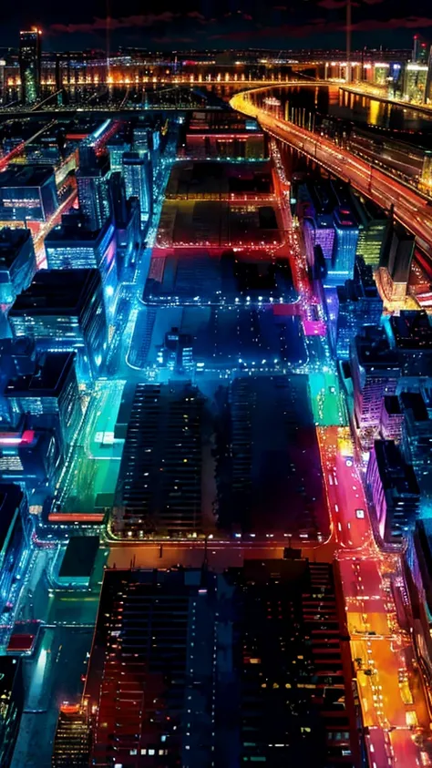 Anime Style，Night view，city，rainbow，traffic jam，building，traffic jam light，lots of，