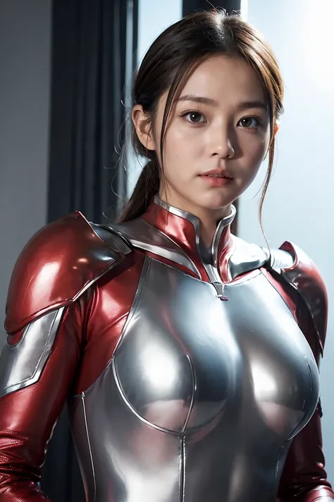 Ultraman、Realistic、Realistic、Cinema Lighting, Girl in shiny red and silver suit、15 years old、Professional photos、Don&#39;Do not expose your skin, Japanese Model, japanese cgi、Ultraman Suit、, Power Rangers Suit、Tight and thin cyber suit,The whole body is as...