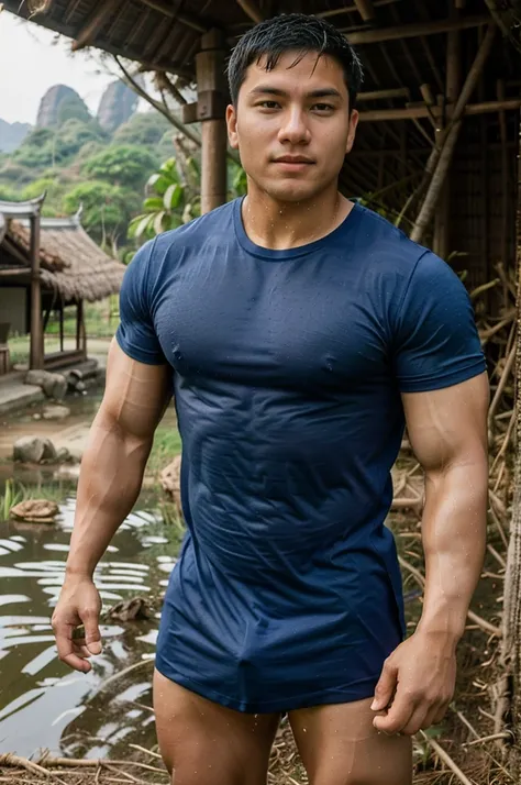 独奏 , 1 person , Image of a handsome Asian rugby player, short hair, no beard, muscular, big muscles, wearing a navy blue round neck t-shirt, wet, outdoors, rice field, countryside, hut, Thailand, Laos, Burma, Asia.