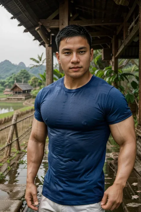 独奏 , 1 person , Image of a handsome Asian rugby player, short hair, no beard, muscular, big muscles, wearing a navy blue round neck t-shirt, wet, outdoors, rice field, countryside, hut, Thailand, Laos, Burma, Asia.