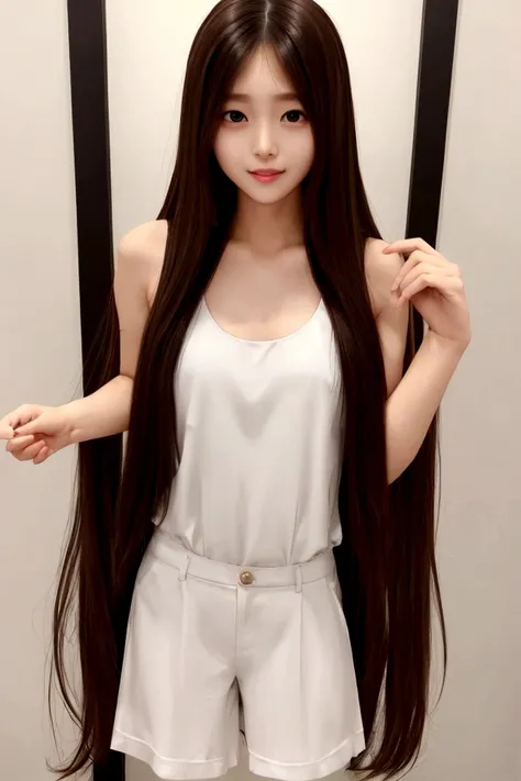 Long Hair、Brown Hair、whole body、Fair skin、Silky Hair、White tank top