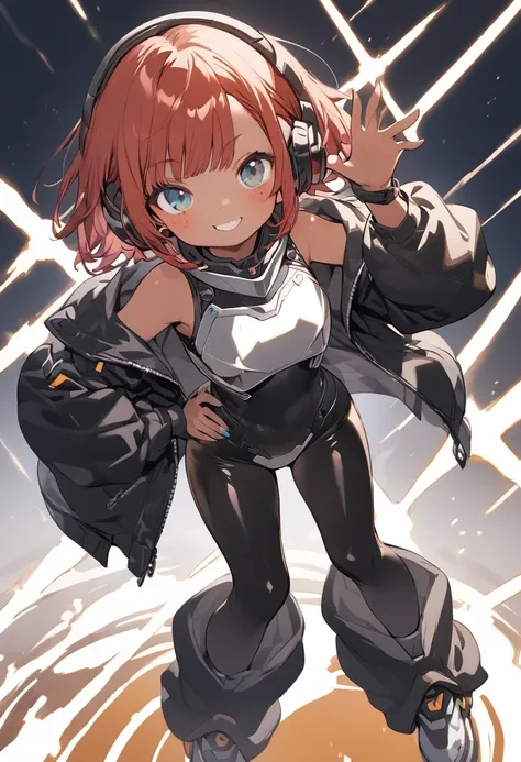 full body,1 girl,(cute:1.3),short red Hair, left eye blue, right eye yellow, tan skin, freckles,｛White breastplate, Black futuristic headphones, Mechanical black glossy metallic Bodysuit, Bare shoulders, oversized jacket, Glossy, shiny material, hand on hi...