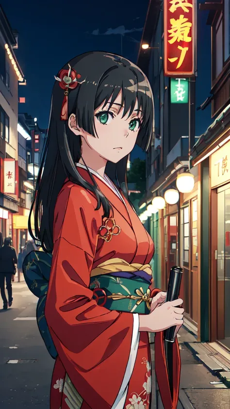  (High resolution:1.4), (masutepiece:1.2), (High quality:1.3) 1girl, saten ruiko, green eyes, long hair, black hair, small breast, Oiran fashion, The city of Kyoto, cinematic lighting,  pov, dynamic angle, 