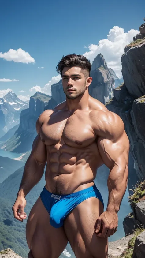 (muscular cute beautiful young boy Arion), huge strong biceps volume, enormous round exposed chest muscles volume, strong muscular legs, exposed abs skin, tight blue trunks, huge cock bulge, mountains background, wavy hair, sexy shaved body