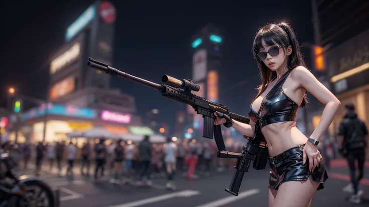 8k, Realistic Skin Texture, Realistic Photo, Neo Tokyo, slim Japanese women, large-breast:1.3 cleavage:1.2, AD2050 at night, Dirty hunting jacket, Wearing tube top, miniskirt, (((black sunglasses, automatic rifle, sneakers, cold, shooting pose, low angle v...