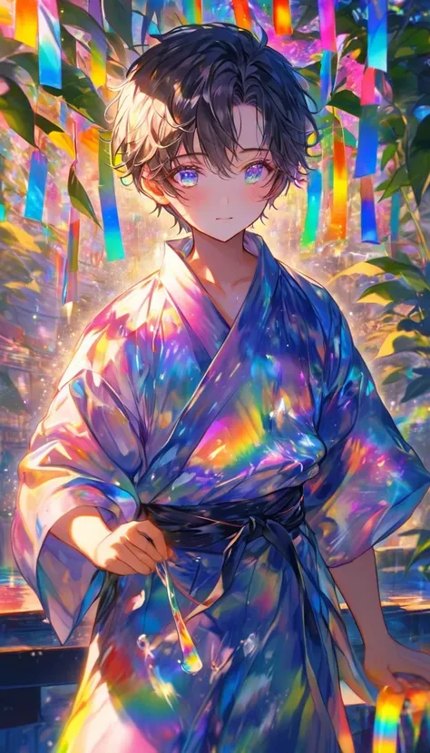 Tanabata、Strip、Bamboo leaf、Stripに願いをこめて、Stripを持っている、Grilling in a yukata,fluid,Particles of light, dream-like,Sparkling,dream-like glow,Paint drips,oil,strong stroke,Paint drips,Splash Paint Drop, oil,(Abstract:1.2)A boy made up of(Tanabataライトトレース:1.25),Ch...