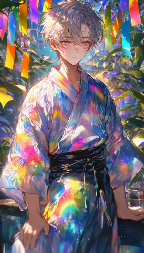 Tanabata、Strip、Bamboo leaf、Stripに願いをこめて、Stripを持っている、Grilling in a yukata,fluid,Particles of light, dream-like,Sparkling,dream-like glow,Paint drips,oil,strong stroke,Paint drips,Splash Paint Drop, oil,(Abstract:1.2)A boy made up of(Tanabataライトトレース:1.25),Ch...