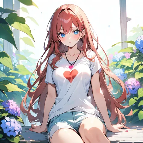 4K, June Scenario, Beautiful woman, long hair, chestnut hair, medium breasts, blue colored eyes, white  shirt, hot pants, neon red heart necklace, gazing at viewer, natta, colorful hydrangea