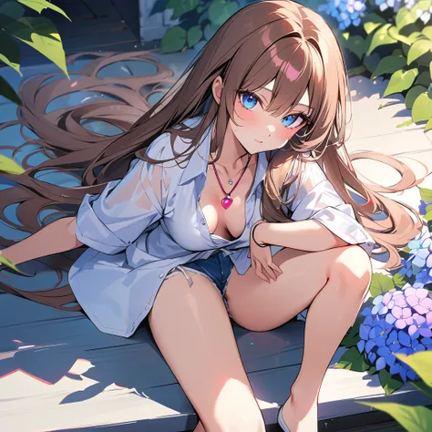 4K, June Scenario, Beautiful woman, long hair, chestnut hair, medium breasts, blue colored eyes, white  shirt, hot pants, neon red heart necklace, gazing at viewer, natta, colorful hydrangea