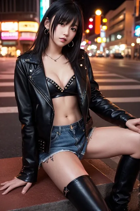 Downtown at night、Japanese young beautiful girl idol、Punk Fashion、Expose large breasts、Leather jacket with studs、Naked with a guitar between his legs、Tattoo