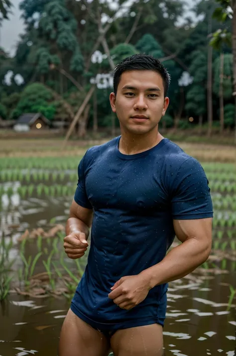 独奏 , 1 person , image of a handsome asian rugby player, short hair, no beard, muscular, big muscles, wearing a navy blue round n...