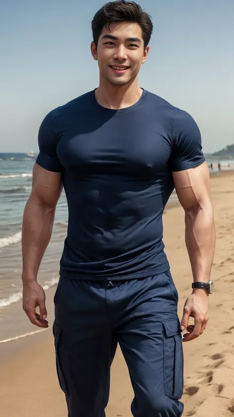 (Create a masterpiece: 1.2),(CGI art:1.3),(realistic:1.5),(After processing:1.3), (Sharp focus:1.3), 1 man, open mouth, smile, (Navy blue round neck shirt), Navy cargo pants, Korean guy , korean men, (High gloss details), chest muscles, large arm muscles, ...