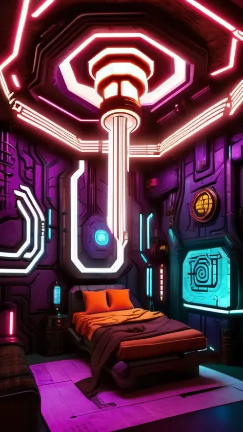 (Cyberpunk interior design ), Quantum Beacon, A lighthouse that guides travelers through a maze of other dimensions. , Cyberpunk atmosphere 