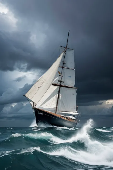 sailboat facing a storm on the high seas