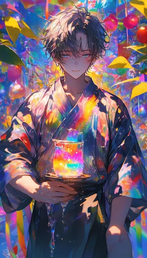 Tanabata、Strip、Bamboo leaf、Stripに願いをこめて、Stripを持っている、Grilling in a yukata,fluid,Particles of light, dream-like,Sparkling,dream-like glow,Paint drips,oil,strong stroke,Paint drips,Splash Paint Drop, oil,(Abstract:1.2)A boy made up of(Tanabataライトトレース:1.25),Ch...