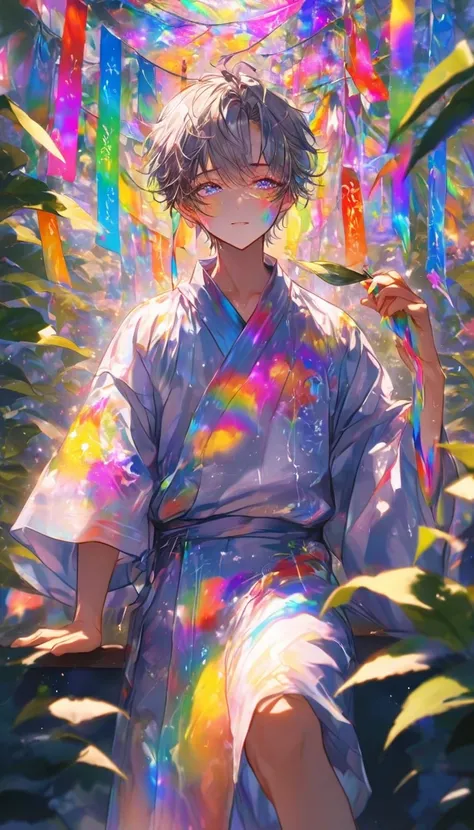 Tanabata、Strip、Bamboo leaf、Stripに願いをこめて、Stripを持っている、Grilling in a yukata,fluid,Particles of light, dream-like,Sparkling,dream-like glow,Paint drips,oil,strong stroke,Paint drips,Splash Paint Drop, oil,(Abstract:1.2)A boy made up of(Tanabataライトトレース:1.25),Ch...