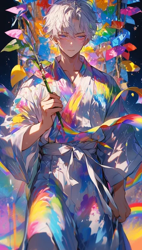 Tanabata、Strip、Bamboo leaf、Stripに願いをこめて、Stripを持っている、Grilling in a yukata,fluid,Particles of light, dream-like,Sparkling,dream-like glow,Paint drips,oil,strong stroke,Paint drips,Splash Paint Drop, oil,(Abstract:1.2)A boy made up of(Tanabataライトトレース:1.25),Ch...