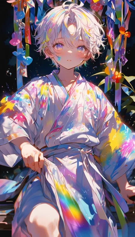 Tanabata、Strip、Bamboo leaf、Stripに願いをこめて、Stripを持っている、Grilling in a yukata,fluid,Particles of light, dream-like,Sparkling,dream-like glow,Paint drips,oil,strong stroke,Paint drips,Splash Paint Drop, oil,(Abstract:1.2)A boy made up of(Tanabataライトトレース:1.25),Ch...