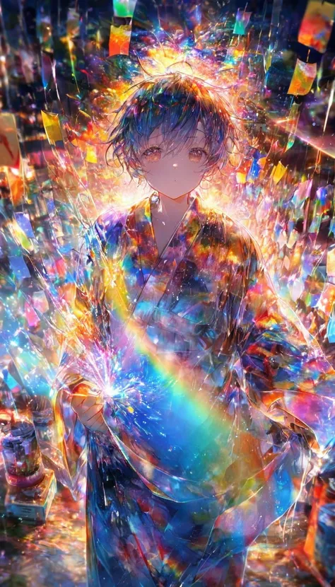 Tanabata、Strip、Bamboo leaf、Stripに願いをこめて、Stripを持っている、Grilling in a yukata,fluid,Particles of light, dream-like,Sparkling,dream-like glow,Paint drips,oil,strong stroke,Paint drips,Splash Paint Drop, oil,(Abstract:1.2)A boy made up of(Tanabataライトトレース:1.25),Ch...