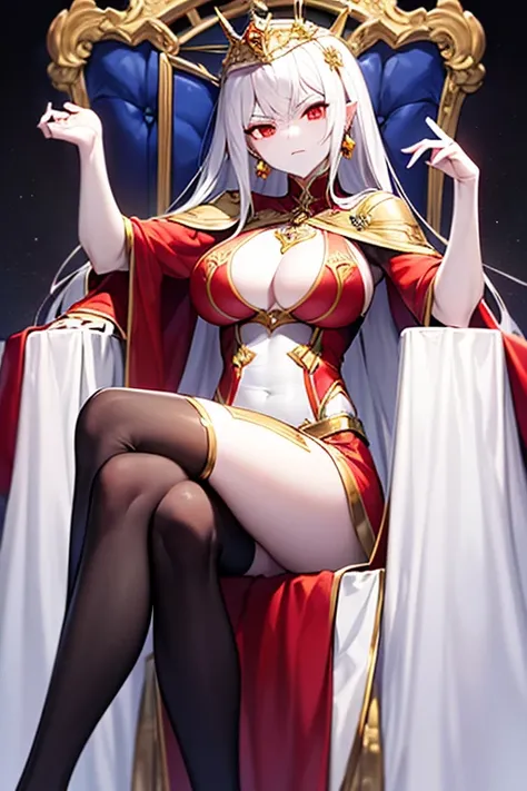 masterpiece, extra limbs, 1vampire lady, 250 years old,((light gold extra long hair)), slant blank ruby red eyes, big breasts, muscle,(pale white finely detailed skin), (serious),(((clothed empress))),hair ornaments,earrings,cape,evil sword,crossed legs,si...