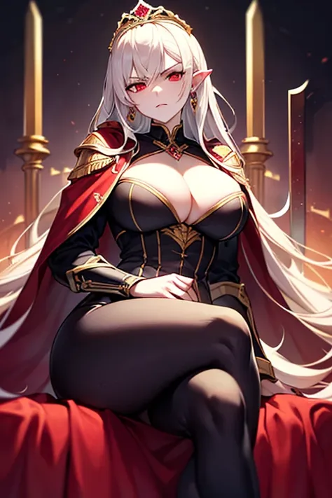 masterpiece, extra limbs, 1vampire lady, 250 years old,((light gold extra long hair)), slant blank ruby red eyes, big breasts, muscle,(pale white finely detailed skin), (serious),(((clothed empress))),hair ornaments,earrings,cape,evil sword,crossed legs,si...