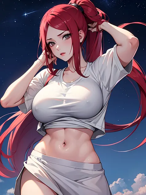 Uzumaki_kushina, big breast, wearing a jacket and white t-shirt and skirt, standing straight,face on camera, night sky,navel, cleavage ,skirt lift by hand ,ponytail,long hair,hand up,hand back