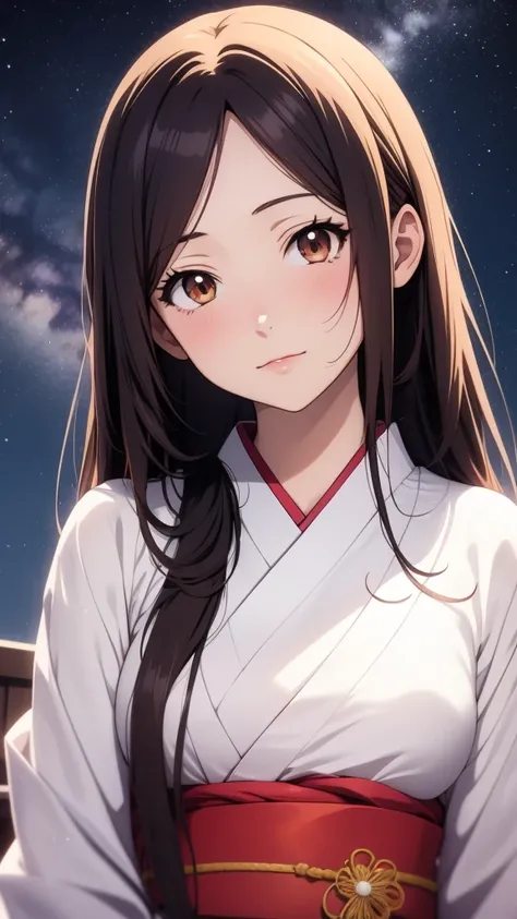 anime, 1 woman, 20 years old, Black Hair, Orihime,kimono,milky way,Starry Sky