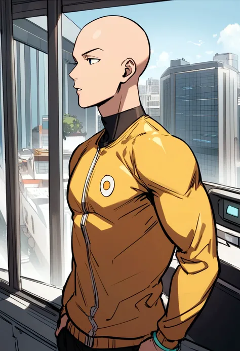 Avatar for crypto trader in telegram, young and ambitious guy, bald like Saitama anime character