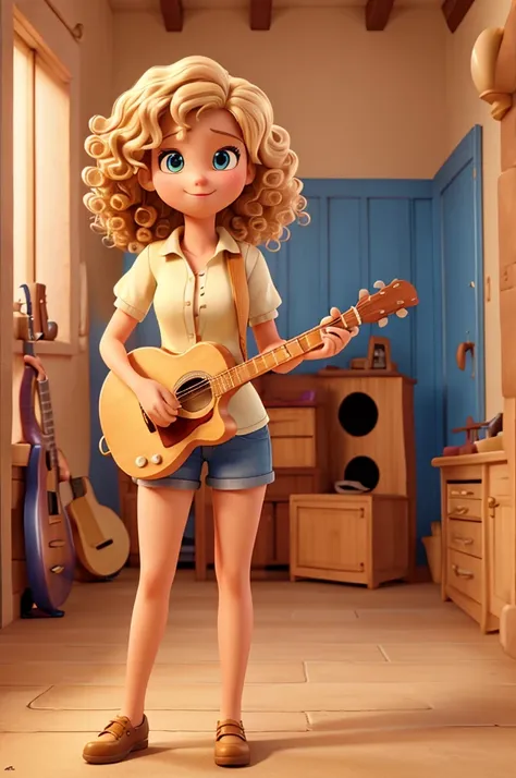 4k, full hd, blonde woman, disney pixar, curly hair, super beautiful, playing the guitar, facing the camera, long and toned legs,