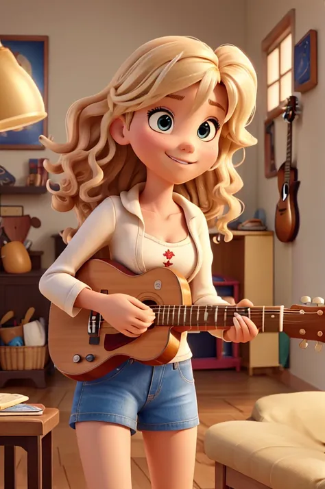 4k, full hd, blonde woman, disney pixar, curly hair, super beautiful, playing the guitar, facing the camera, long and toned legs,