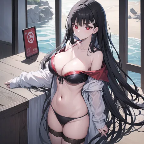 Rivertsukatsuki, River, black hair, (red eyes:1.5), hair ornament, hairclip, Halation, long hair,
、Extremely large breasts(7200)、Gorgeous jewel design bikini、Off-the-shoulder see-through cardigan