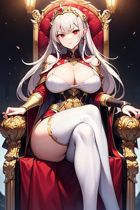 masterpiece, extra limbs, 1vampire lady, 250 years old,((light gold extra long hair)), slant blank ruby red eyes, big breasts, muscle,(pale white finely detailed skin), (serious),(((clothed empress))),hair ornaments,earrings,cape,evil sword,crossed legs,si...