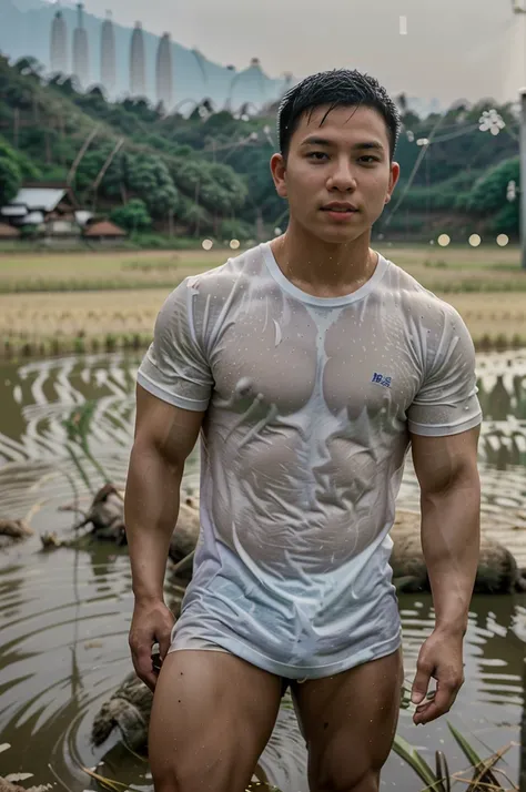 独奏 , 1 person , Image of a handsome Asian rugby player, short hair, no beard, muscular, big muscles, wearing a wet white round neck t-shirt, outdoors, rice field, countryside. (cow buffalo):1.5, Thailand Laos Burma Asia ,(bokeh background:1.5)