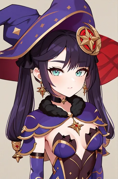 Highest quality, masterpiece, Mona, Witch Hat, Body stockings, Removable sleeves, choker, Hair Ribbon, Earrings, Capelet, View your viewers, Upper Body, Genshin Impact,