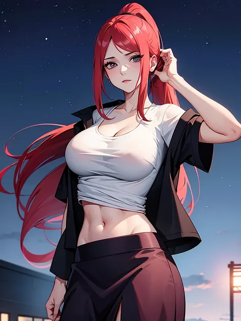 Uzumaki_kushina, big breast, wearing a jacket and  t-shirt and skirt, standing straight,face on camera, night sky,navel, cleavage ,skirt lift by hand ,ponytail,long hair,hand on chest