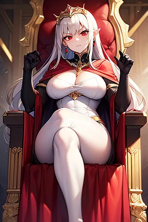 masterpiece, extra limbs, 1vampire lady, 250 years old,((light gold extra long hair)), slant blank ruby red eyes, big breasts, muscle,(pale white finely detailed skin), (serious),(((clothed empress))),hair ornaments,earrings,cape,evil sword,crossed legs,si...