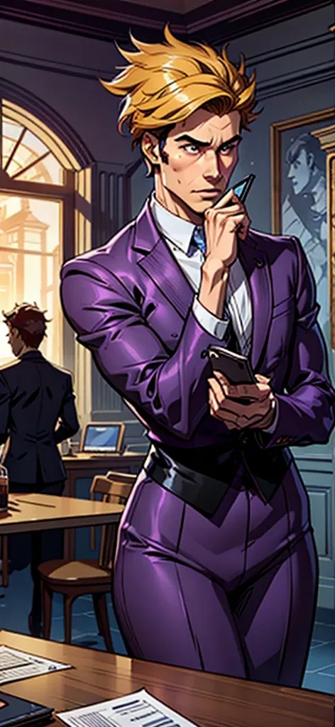 Create an image of a male debater wearing purple clothes, showing clear disinterest in a smartphone. He should be holding the phone, but his attention is focused elsewhere, such as engaging in a lively conversation or contemplating a complex idea. The sett...