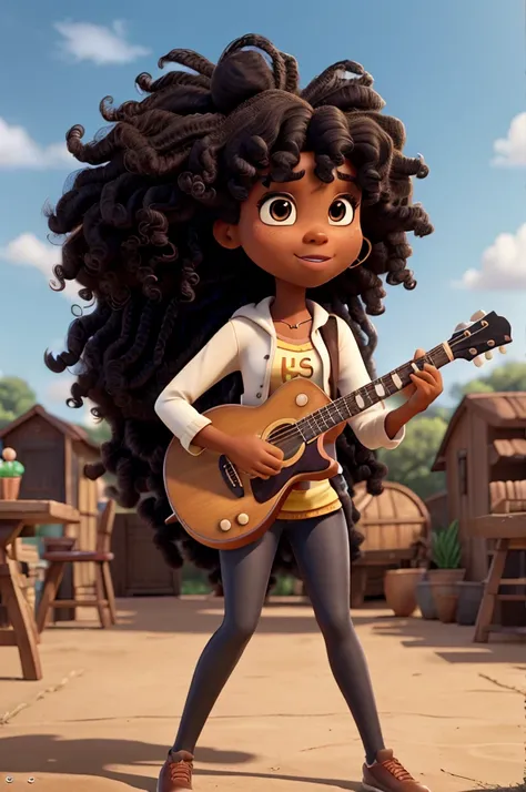 4k, full hd, black woman, disney pixar, curly hair, super beautiful, playing the guitar, facing the camera, long and toned legs,
