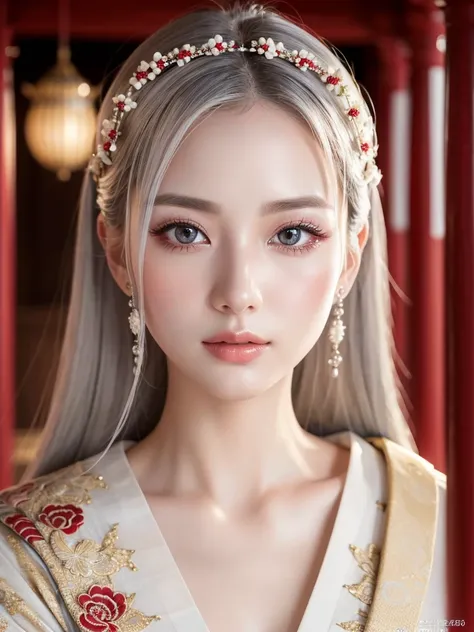 beautiful detailed eyes, beautiful detailed lips, extremely detailed eyes and face, long eyelashes, 1girl, silver hair, pale skin, flawless skin, red and white kimono, ornaments, Ancient temple, dramatic lighting, ethereal, elegant, Serene, vibrant colors,...