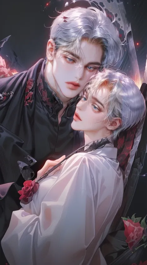 ((4K works))、​masterpiece、（top-quality)、((high-level image quality))、((One Beautiful Fallen Angel Man))、Slim body、((Vampire Black Y-Shirt Fashion))、(Detailed beautiful eyes)、((Red roses and crows on fantastic black background))、Inside the Evil Castle、((Fac...